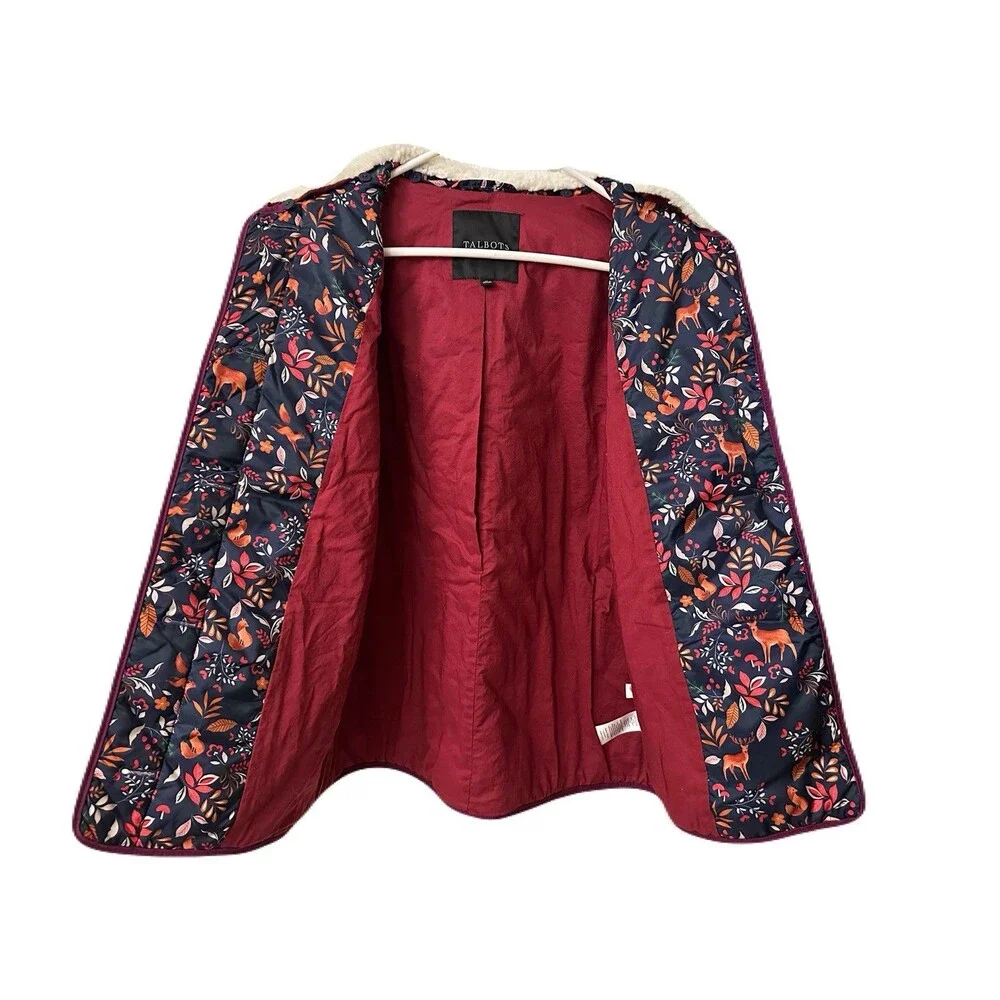 Talbots Womens Size XS Navy Ditsy Woodland Animal Print Quilted Bomber Jacket